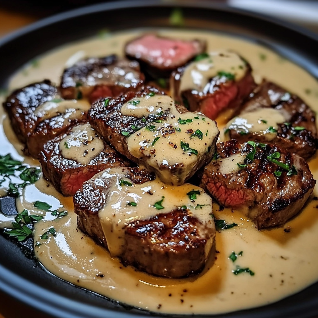 Pan-seared steak topped with creamy garlic sauce