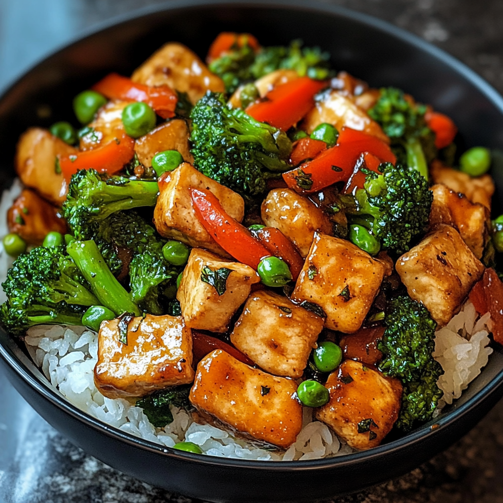 A colorful vegetable stir-fry with broccoli, bell peppers, and carrots in a savory sauce, served over brown rice in a white bowl.
