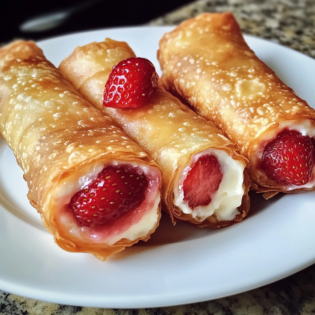 Golden-brown strawberry cheesecake stuffed eggrolls dusted with powdered sugar and served with a side of fresh strawberries.
