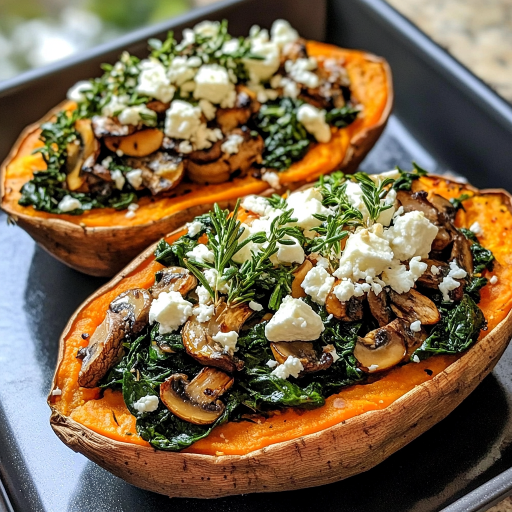 Baked sweet potatoes halved and filled with a savory mixture of sautéed spinach, mushrooms, crumbled feta, and fresh rosemary​