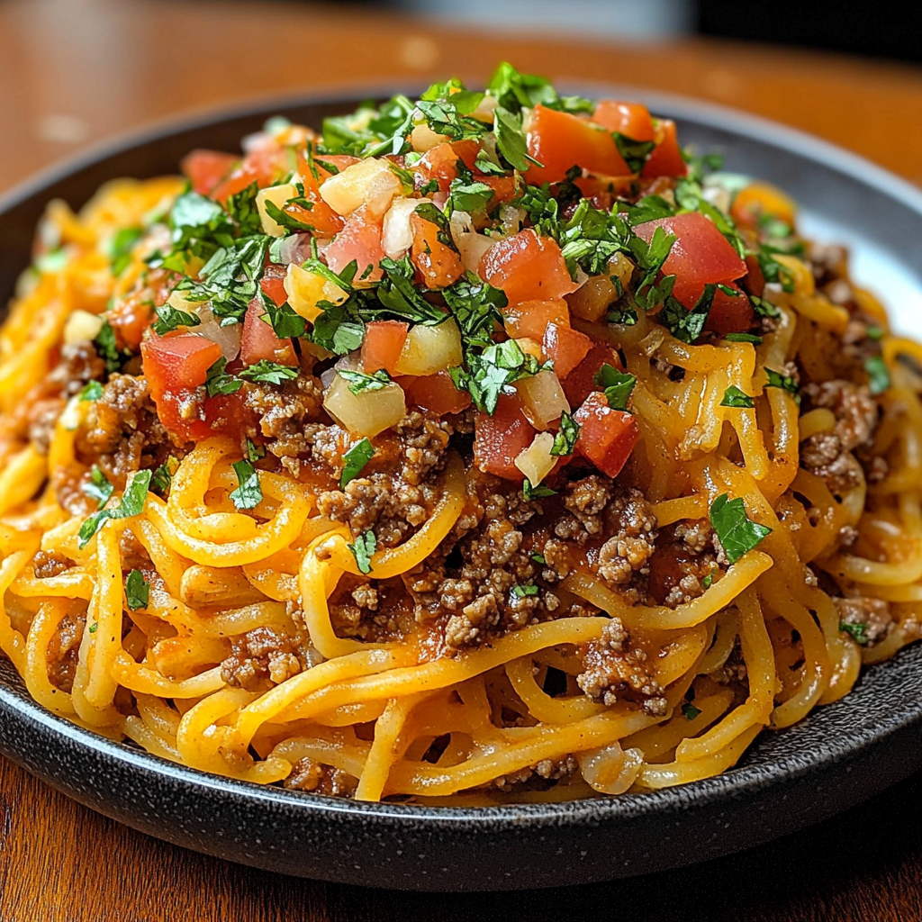 A plate of taco spaghetti topped with melted cheese, garnished with fresh cilantro and sliced jalapeños.​