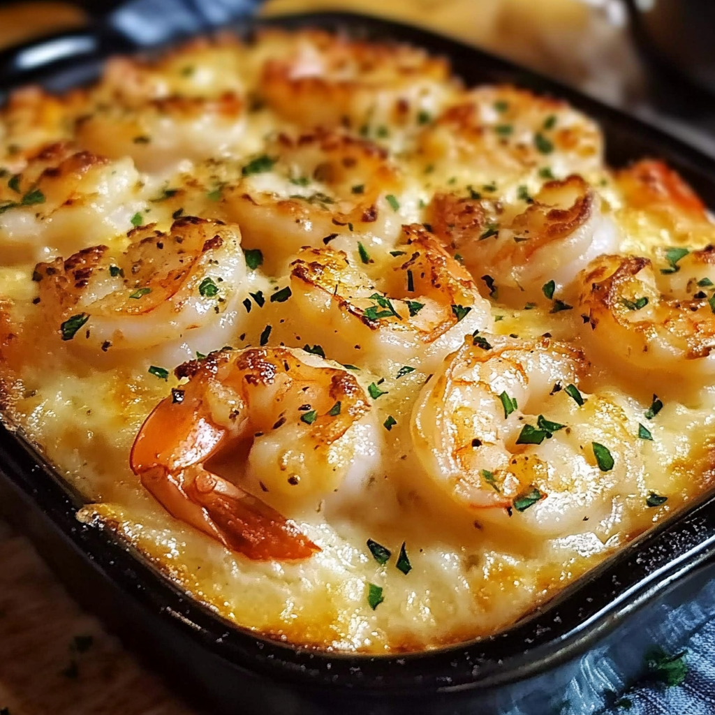 Baked garlic shrimp gratin topped with golden breadcrumbs and fresh parsley.