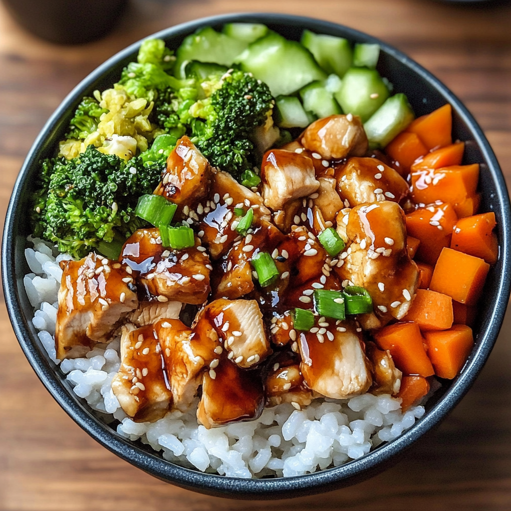 Bowl of teriyaki chicken served over steamed rice with broccoli and sesame seeds.