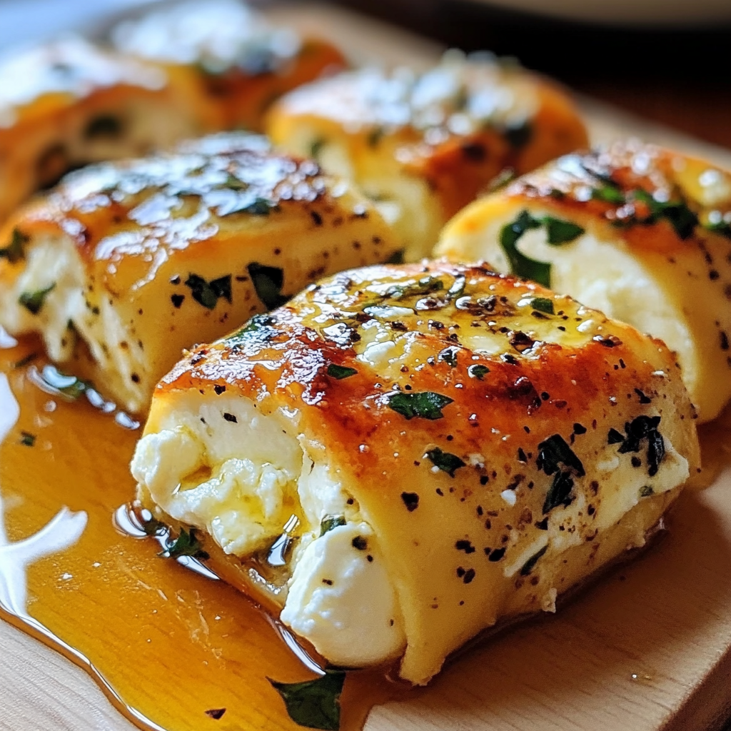 A block of baked feta drizzled with honey and sprinkled with fresh thyme, served in a rustic dish with crusty bread on the side.​