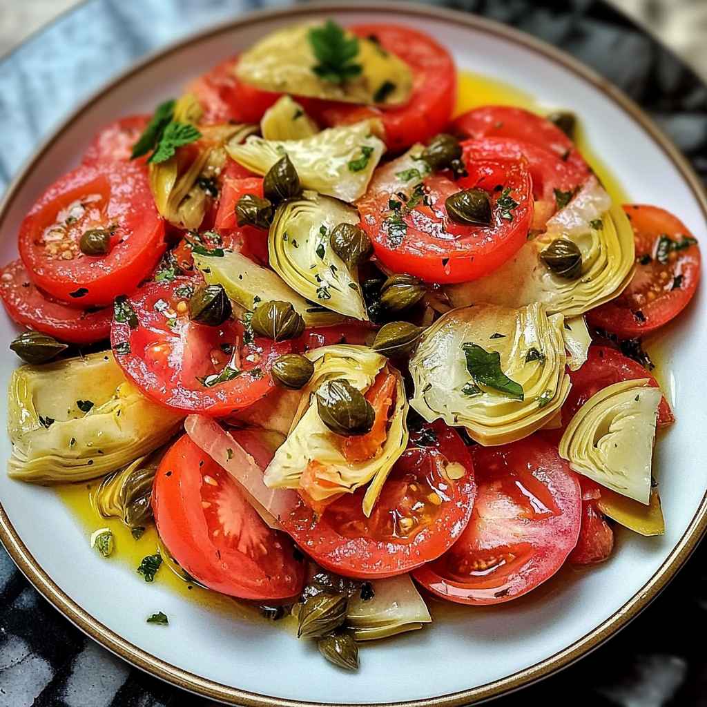 “A vibrant bowl of tomato and artichoke salad garnished with capers and fresh herbs, drizzled with olive oil.”