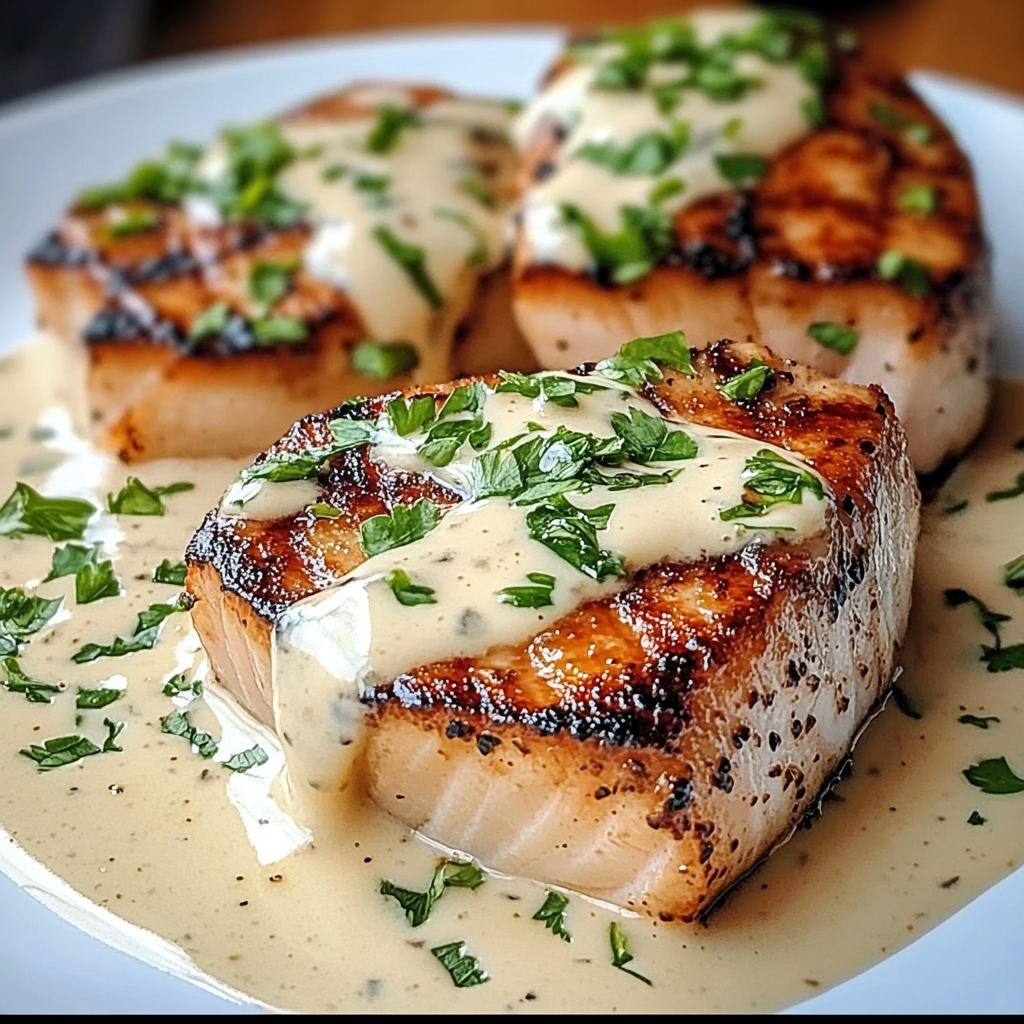 Pan-seared tuna steaks topped with creamy garlic sauce, garnished with fresh herbs on a white plate.​ tuna steaks creamy garlic sauce