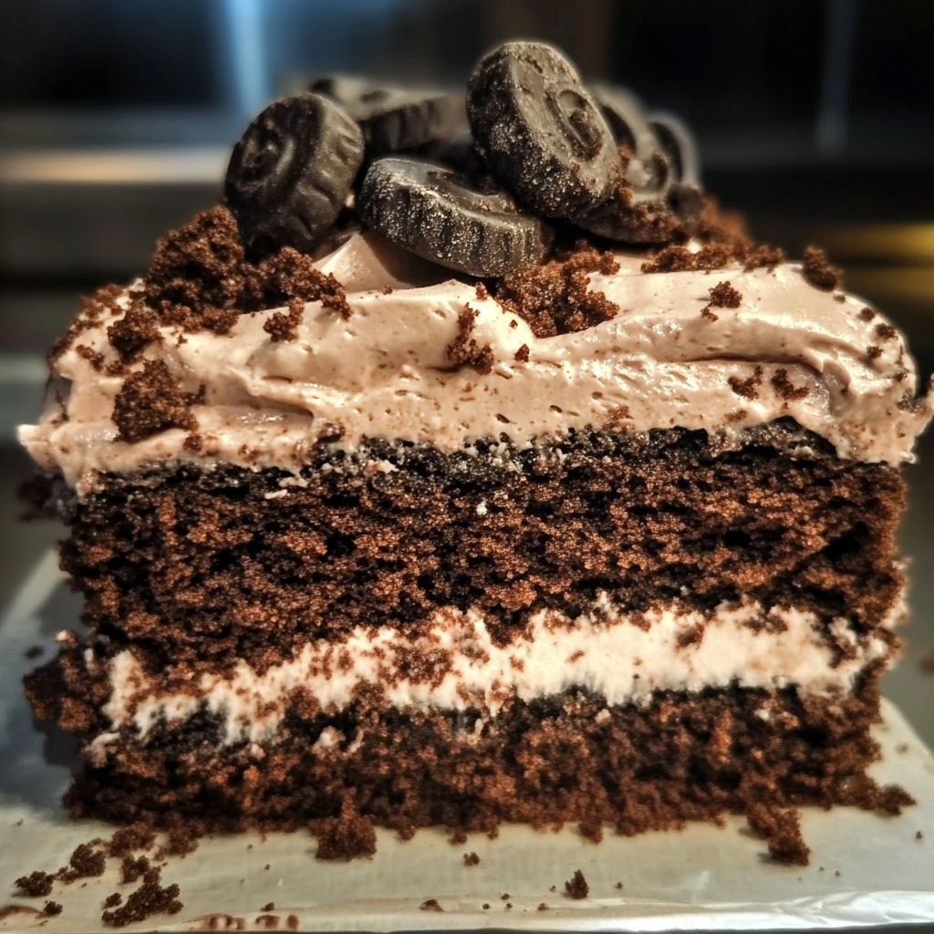 A serving of Oreo dirt cake in a glass dish, showcasing layers of crushed Oreos and creamy chocolate pudding.​