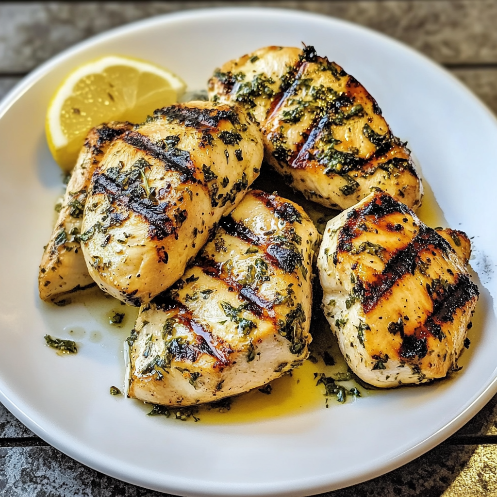 Greek chicken marinade ingredients and finished grilled chicken