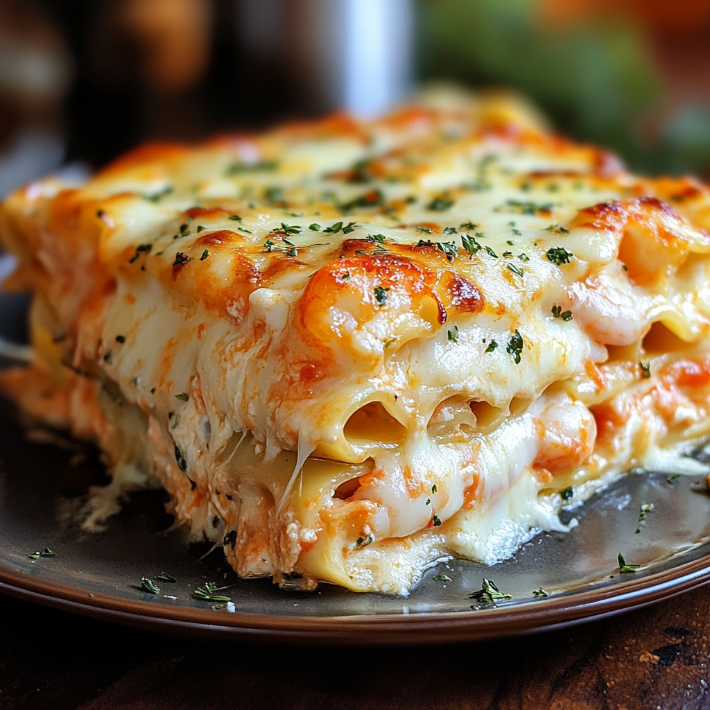 Slice of seafood lasagna featuring layers of lobster, shrimp, creamy white sauce, and melted cheese, garnished with fresh parsley.