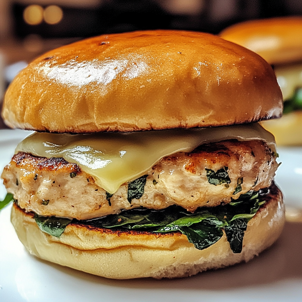 Juicy white cheddar and spinach chicken burger on a toasted bun, topped with fresh lettuce and tomato slices.