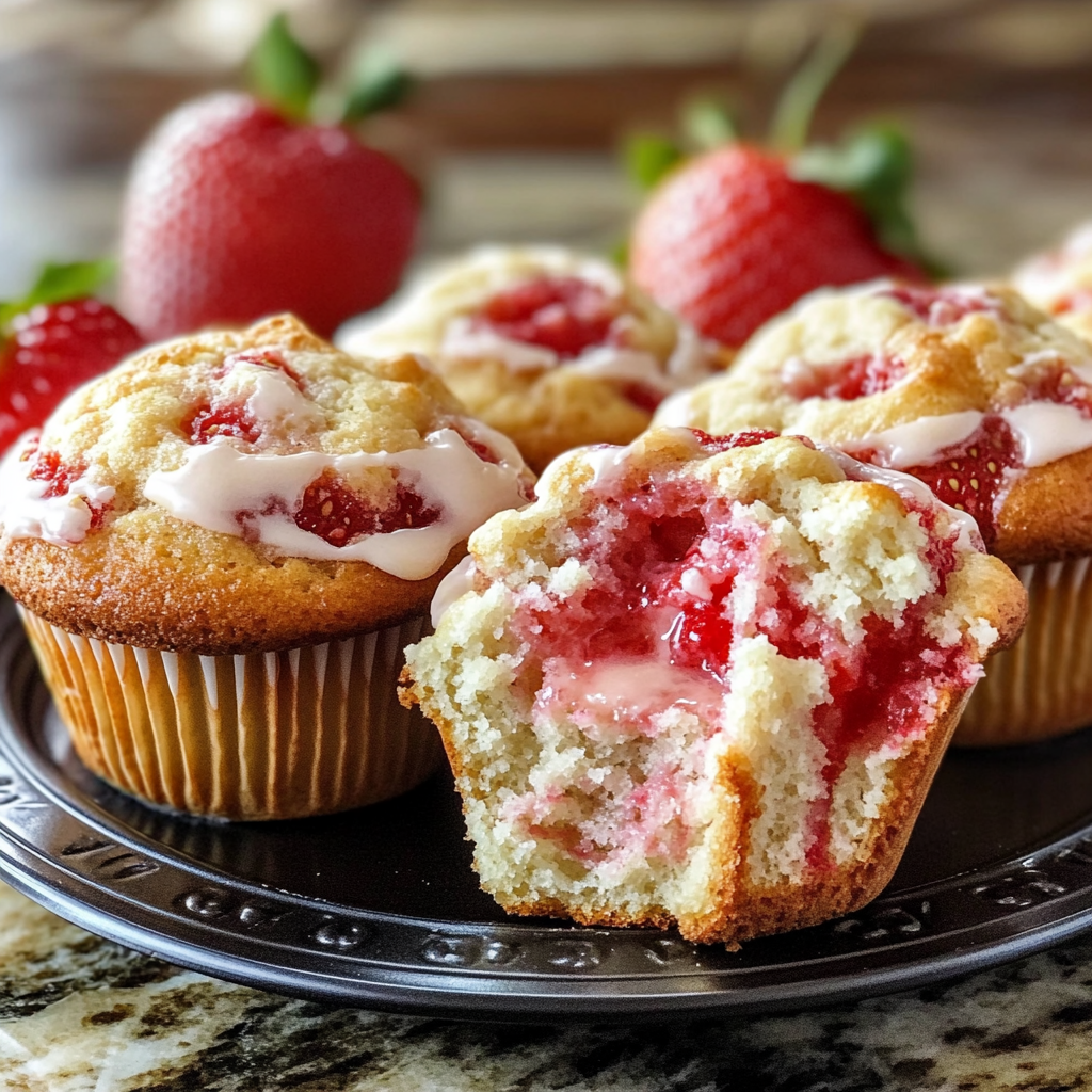Freshly baked strawberry cream cheese muffins with golden tops and visible strawberry pieces on a cooling rack.​