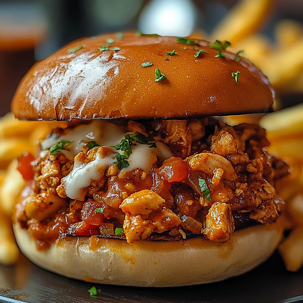 A spicy Cajun chicken sloppy joe sandwich on a toasted bun, garnished with fresh herbs.
