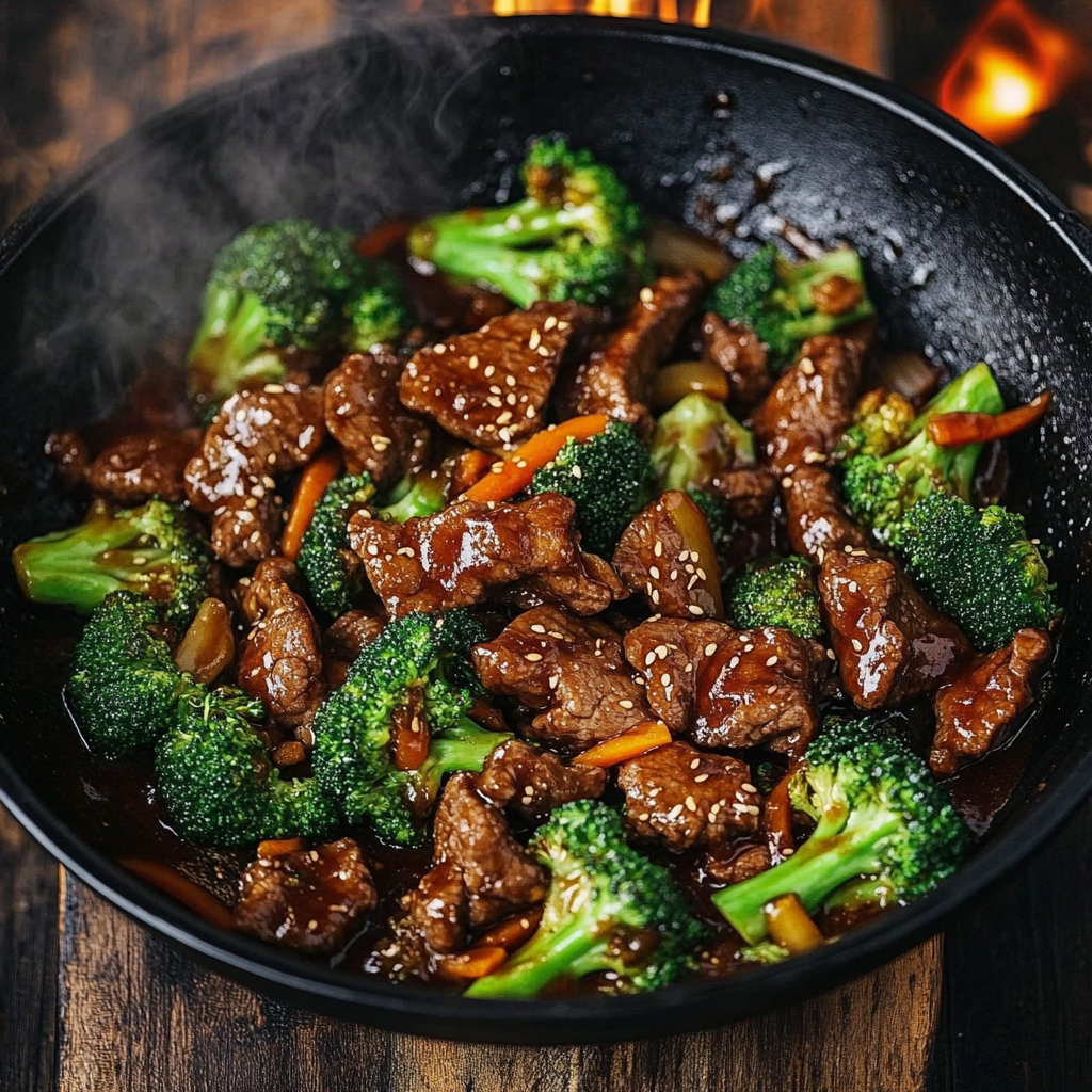A plate of beef and broccoli stir fry served over steamed rice, garnished with sesame seeds and green onions.