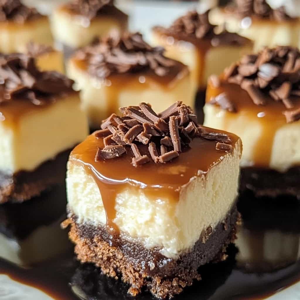 A plate of mini cheesecake bites topped with fresh berries and a drizzle of chocolate, served on a white platter.
