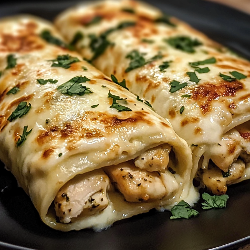 “Cheesy garlic chicken wraps filled with tender chicken, melted cheese, and creamy garlic sauce, served on a plate.”