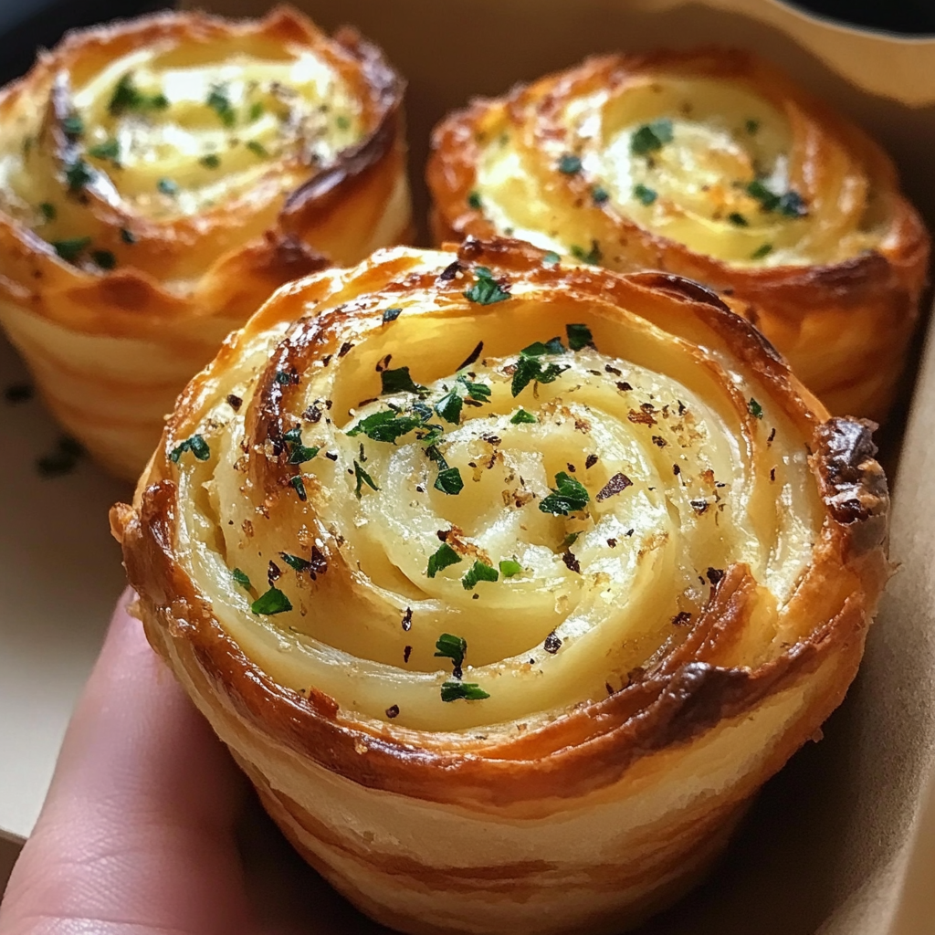 Golden-brown cheesy garlic cruffins with flaky layers, served warm on a white plate.​
