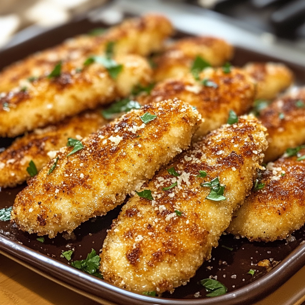 Crispy garlic parmesan chicken tenders served with dipping sauce on a white plate.​