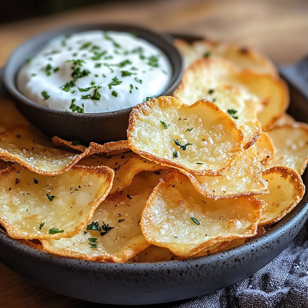 “Crispy cottage cheese chips served on a plate with a side of dipping sauce.”