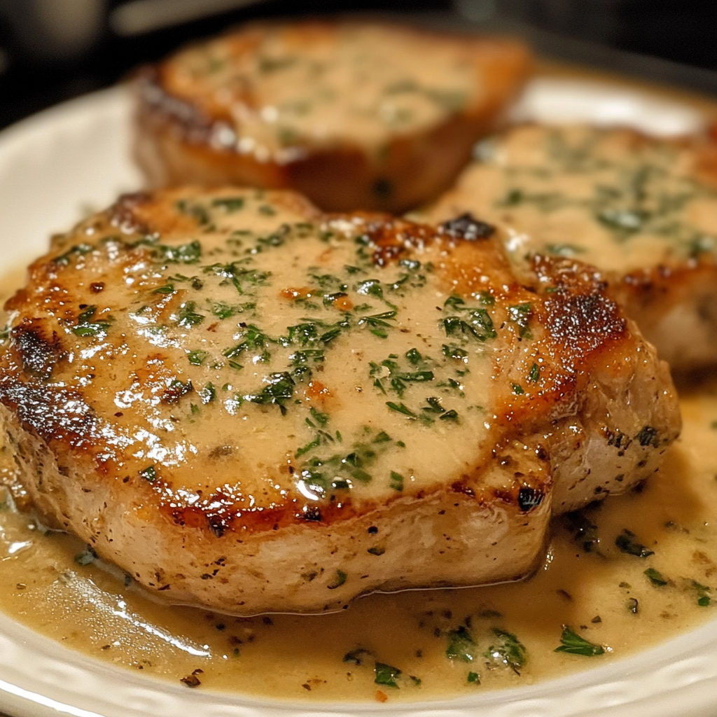 A serving of golden-brown garlic parmesan pork chops garnished with fresh herbs, accompanied by mashed potatoes and steamed vegetables.