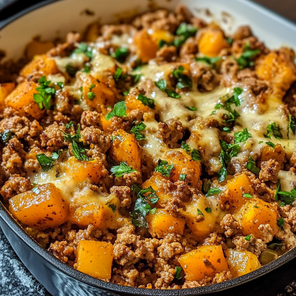Skillet filled with ground turkey, diced sweet potatoes, and vegetables, garnished with fresh herbs. ground turkey sweet potato skillet​