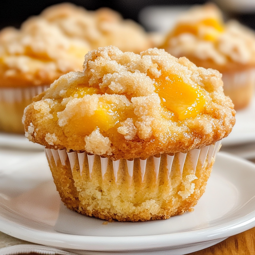 Freshly baked peach cobbler muffins recipe with golden streusel topping on a cooling rack.