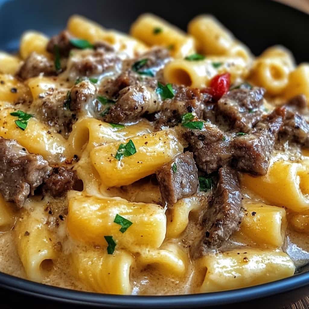 A bowl of Philly Cheesesteak Tortellini Pasta featuring cheese tortellini, sliced beef, green peppers, and onions in a creamy sauce.