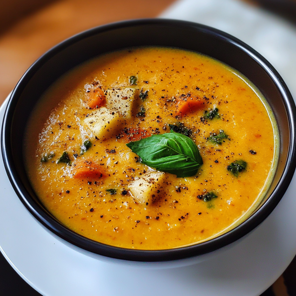 Bowl of colorful roasted vegetable soup, steaming and garnished with fresh herbs