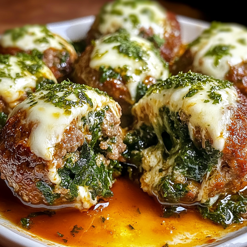 Plate of spinach garlic meatballs stuffed with mozzarella, served with marinara sauce and garnished with fresh basil.