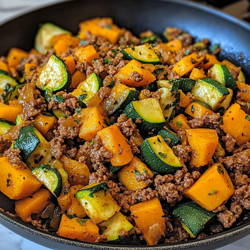 Skillet filled with ground beef, diced zucchini, and sweet potatoes garnished with fresh herbs