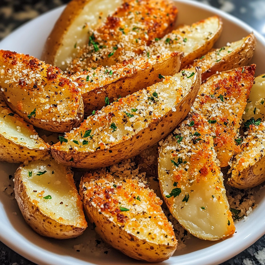 Crispy Baked Garlic Parmesan Potato Wedges garnished with parsley on a baking sheet