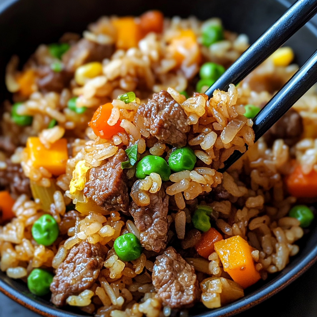 Baked Onion Beef Fried Rice with Mixed Vegetables in a serving dish - baked beef fried rice