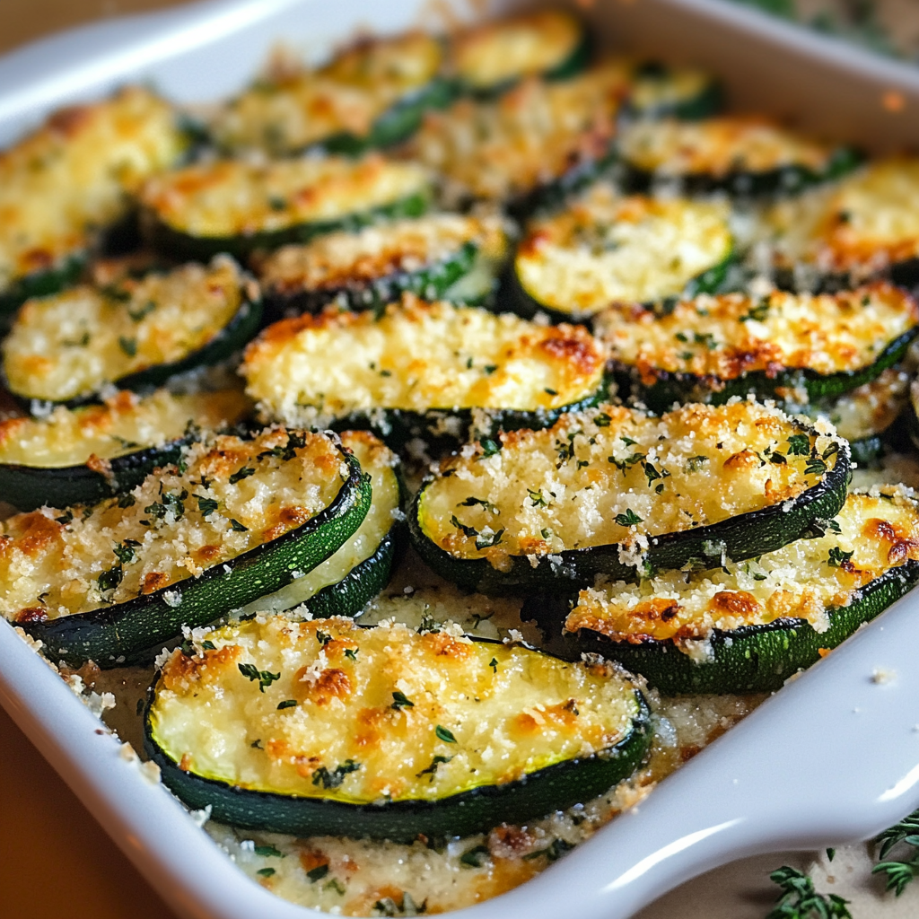 Slices of baked zucchini topped with golden melted parmesan cheese on a baking sheet.