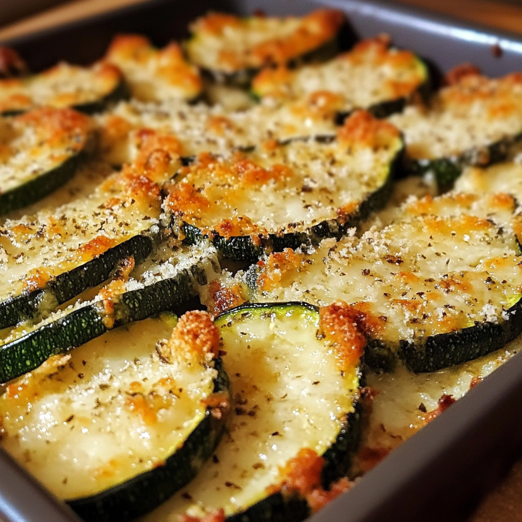 Baked zucchini slices topped with golden crispy parmesan served on a white plate