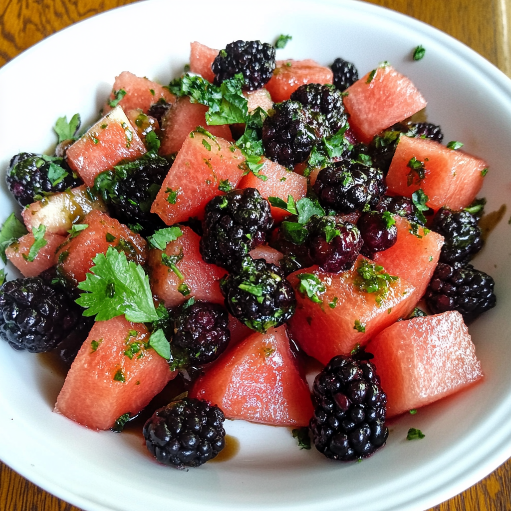 Bowl of balsamic watermelon and blackberry salad garnished with fresh mint leaves.