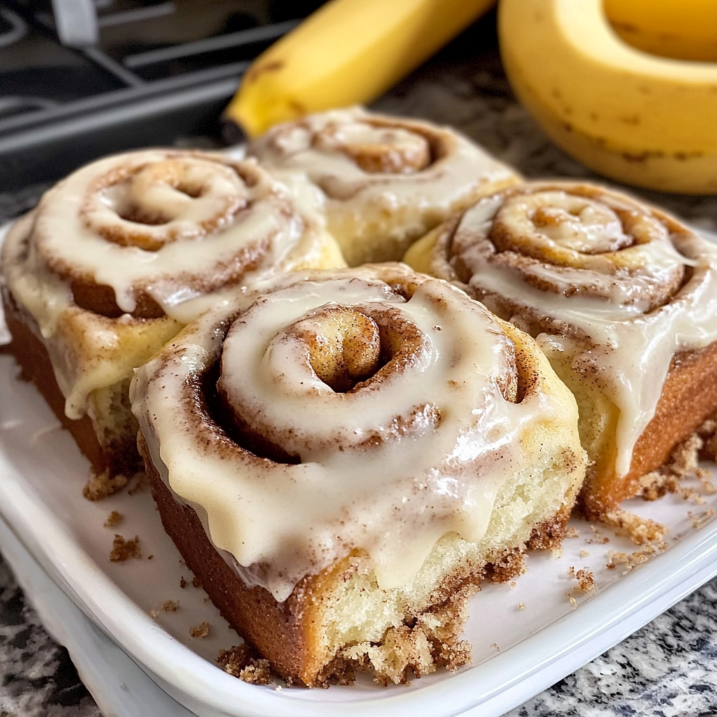 Close-up of banana bread cinnamon rolls drizzled with cream cheese frosting on a white plate.