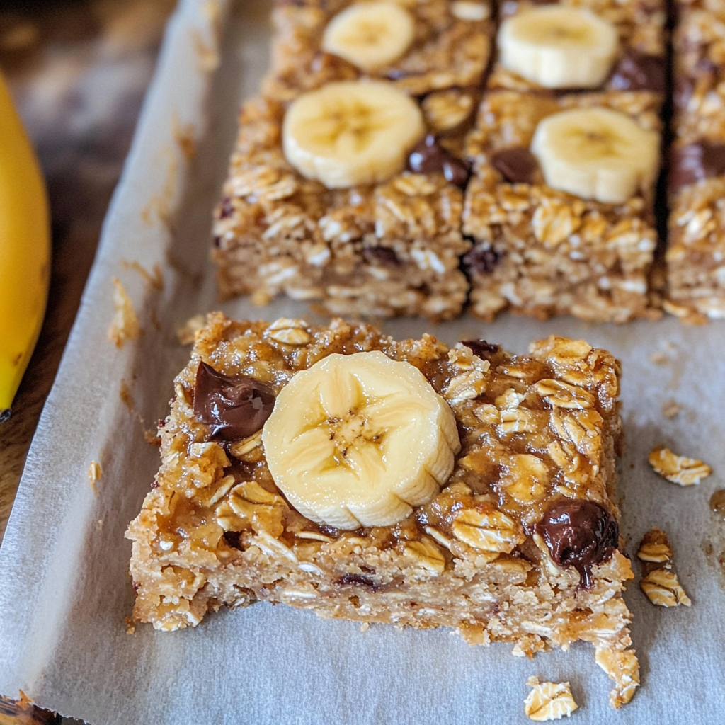 Tray of banana oatmeal bars cut into squares, featuring oats and banana slices on top.