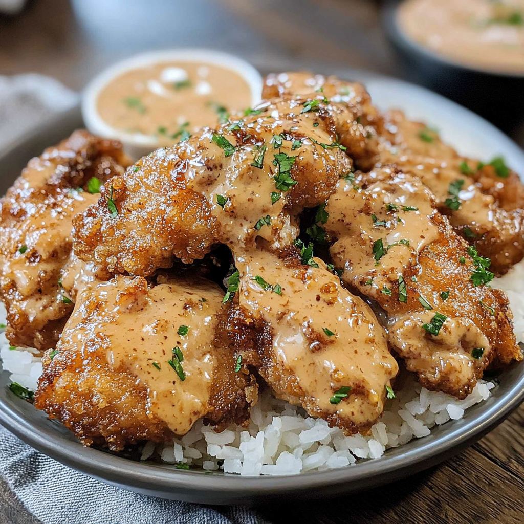 Crispy Bang Bang Chicken pieces drizzled with spicy creamy sauce, garnished with green onions.