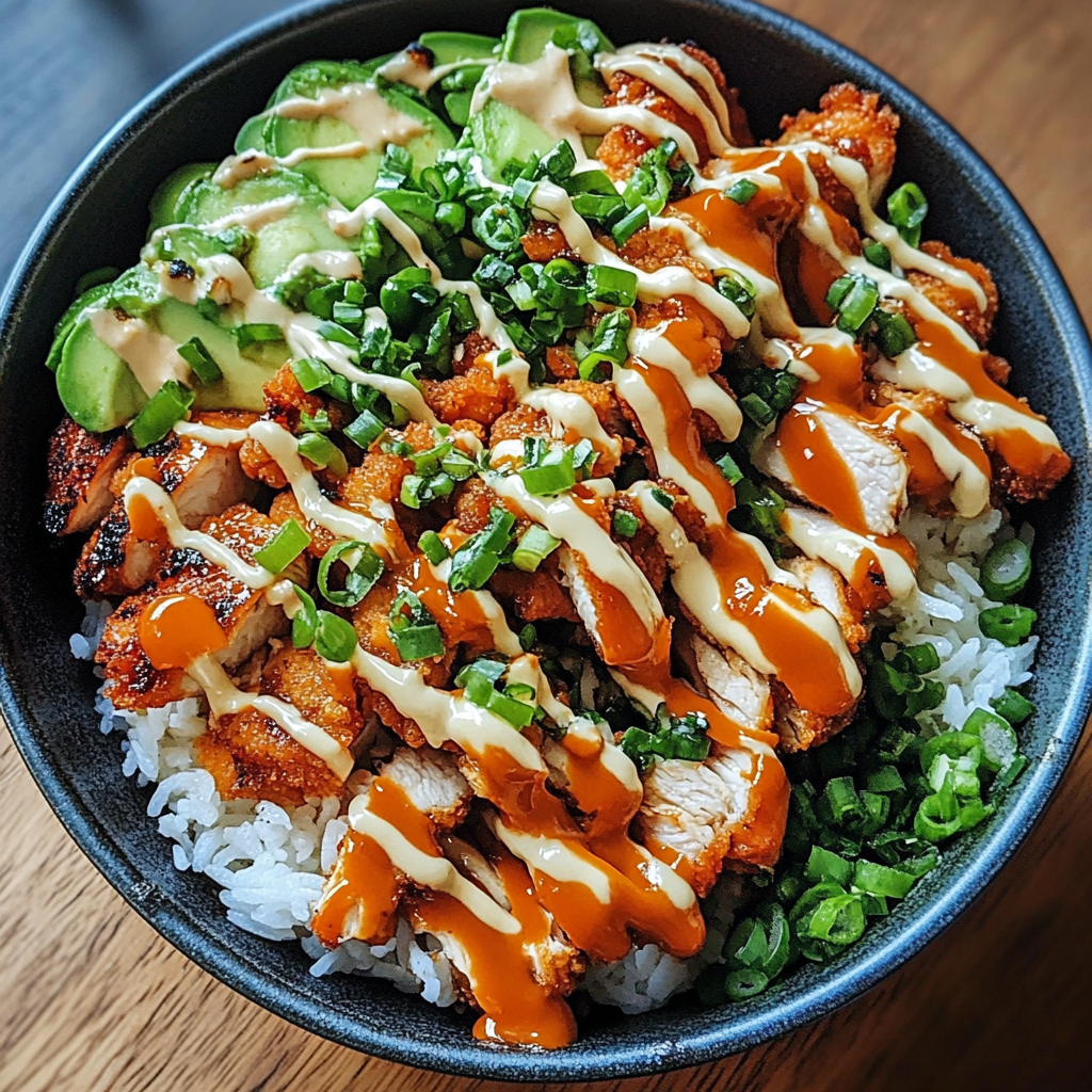 Bowl filled with Bang Bang Chicken, rice, sliced cucumbers, shredded carrots, and drizzled with creamy sauce