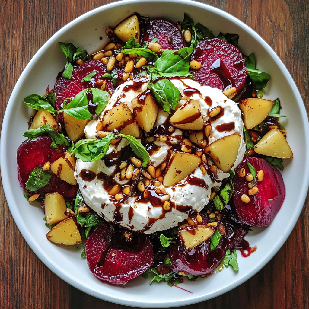 Plate of beet and burrata salad topped with toasted pine nuts and drizzled with balsamic dressing.