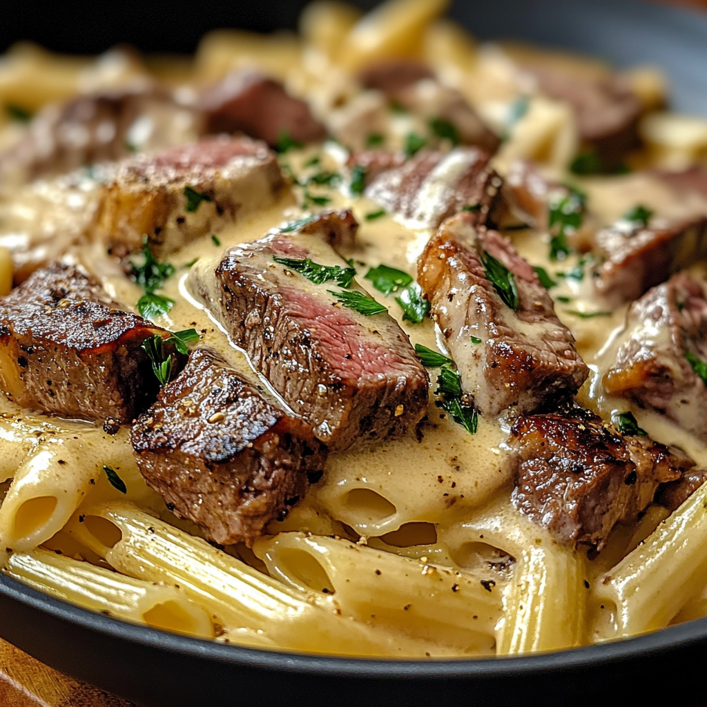 Plate of creamy pasta topped with sliced steak and garnished with fresh herbs