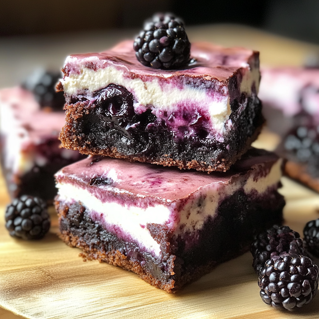 Close-up of blackberry cream cheese brownies with a vibrant berry swirl on top