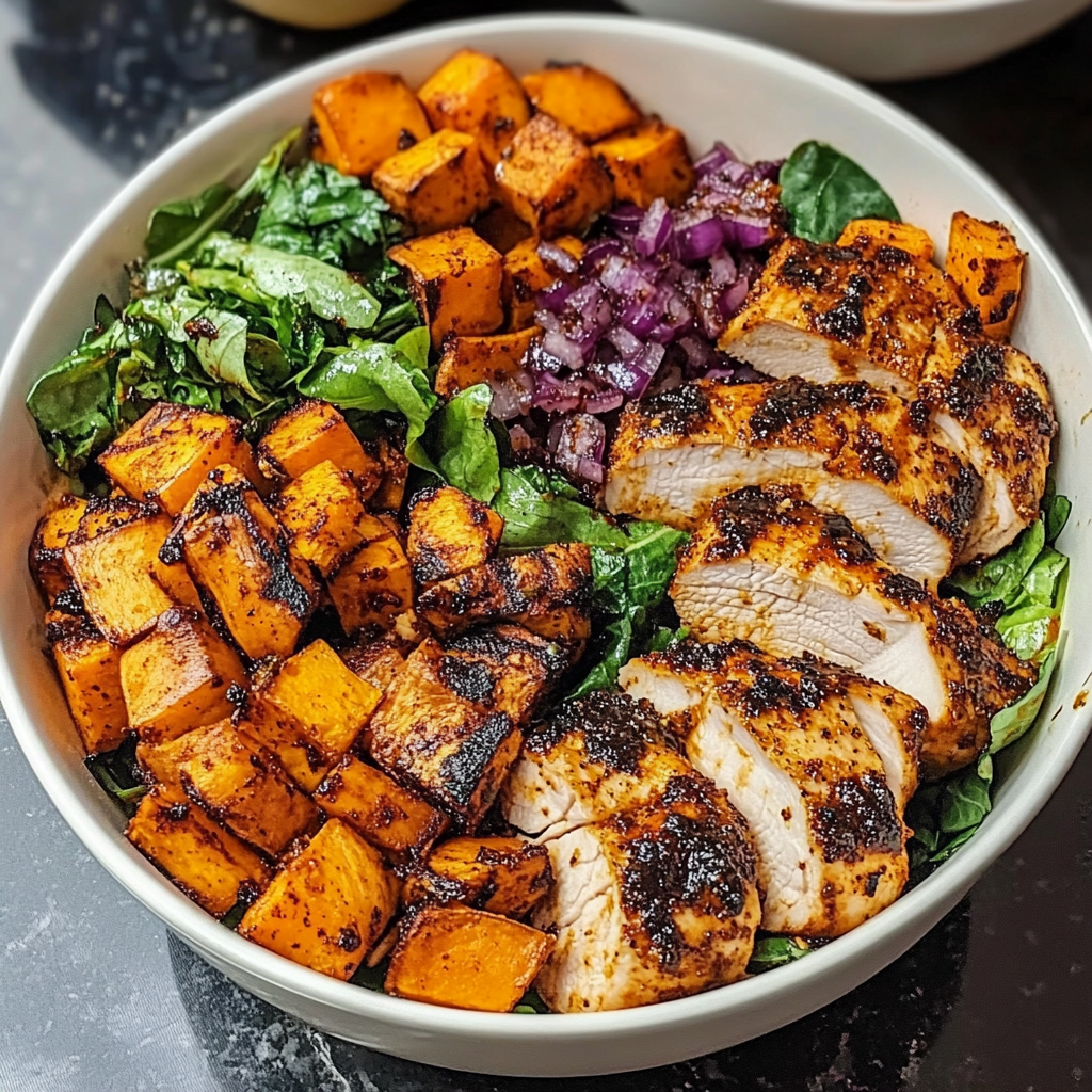 Bowl of blackened chicken and roasted sweet potatoes over wild rice, topped with hot honey dressing.