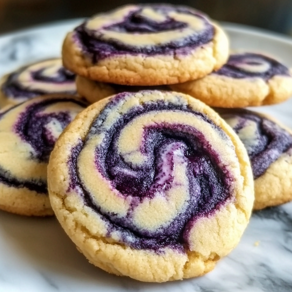 Close-up of blueberry cheesecake swirl cookies with visible blueberry and cream cheese swirls on a cooling rack