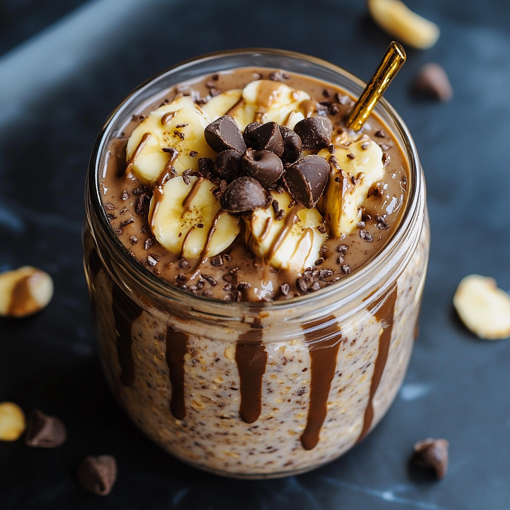 Jar of brownie batter overnight oats topped with chocolate chips and a drizzle of almond butter.