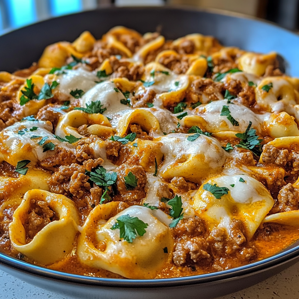 Close-up of cheesy beef enchilada tortellini in a skillet topped with melted cheese and herbs cheesy beef enchilada tortellini