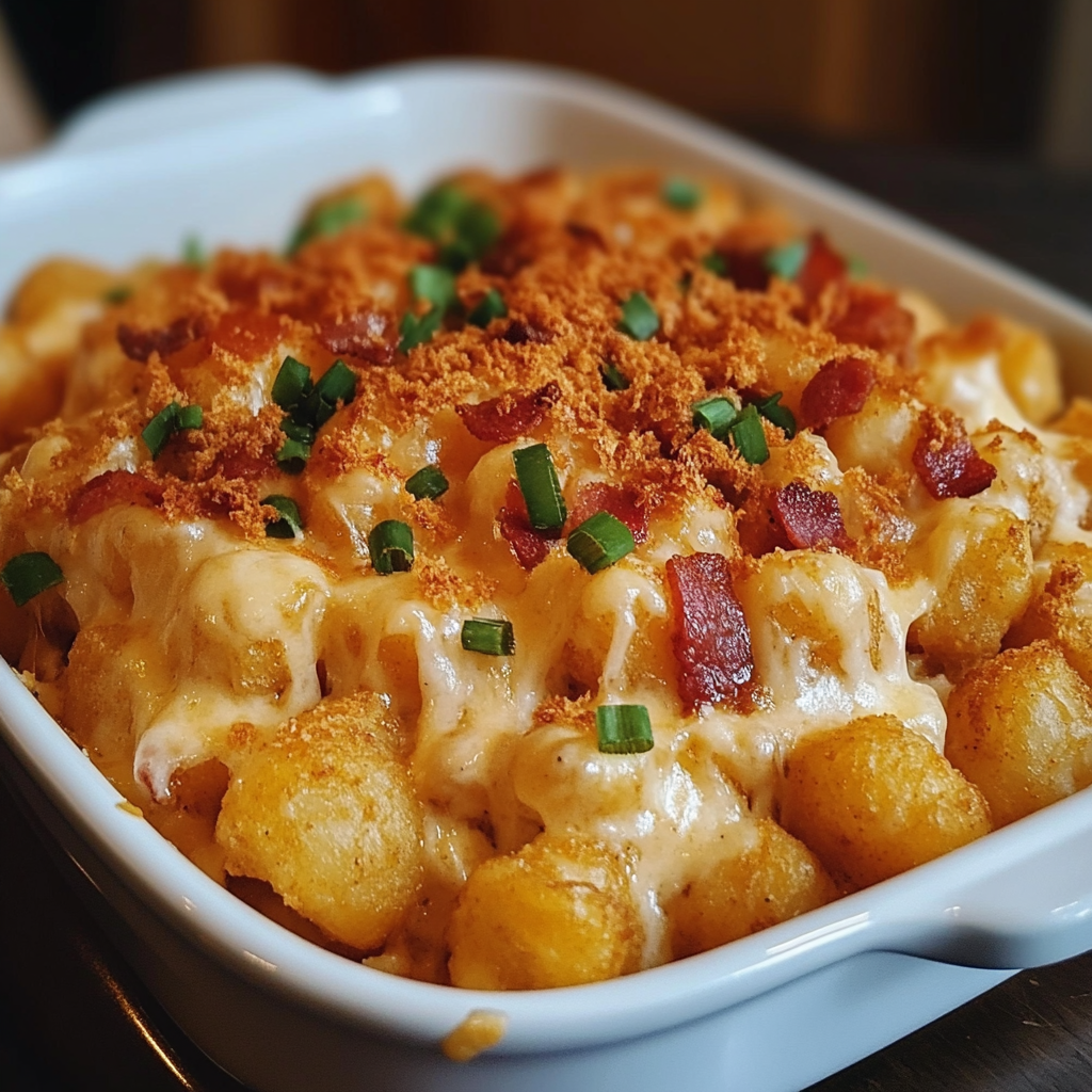 Baked Chicken Bacon Ranch Tater Tot Casserole topped with melted cheese and crispy bacon