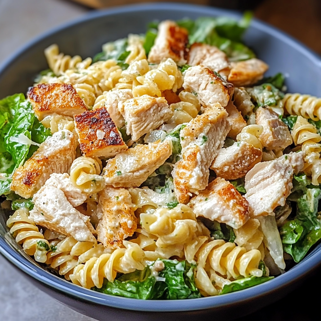 Bowl of Chicken Caesar Pasta Salad with grilled chicken, romaine lettuce, parmesan, and creamy dressing.