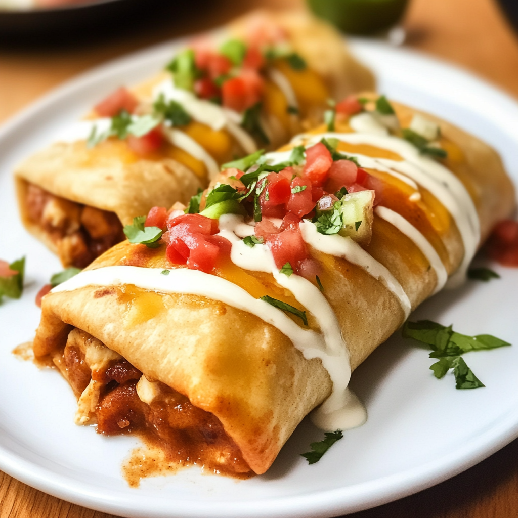 Golden-brown chicken chimichangas served with sour cream and salsa