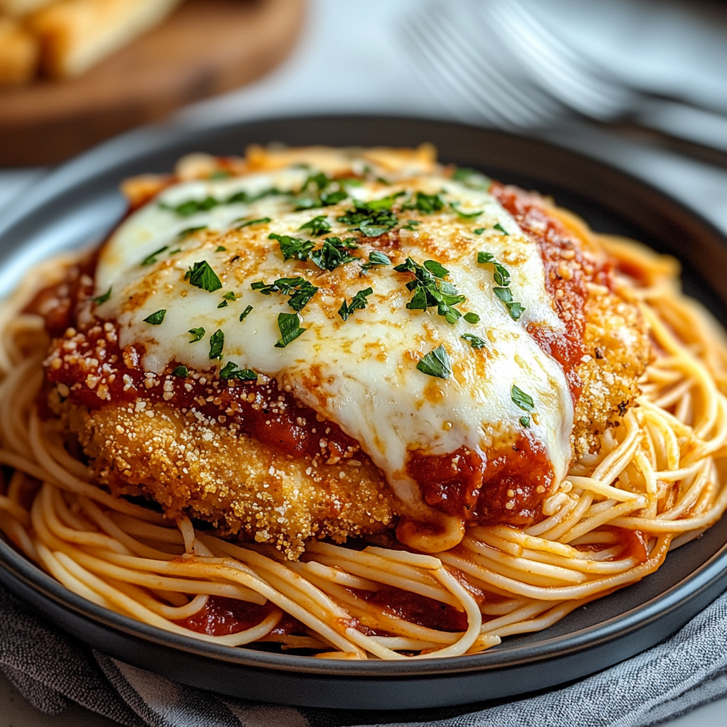 Golden breaded chicken topped with tomato sauce and melted mozzarella, served over spaghetti.