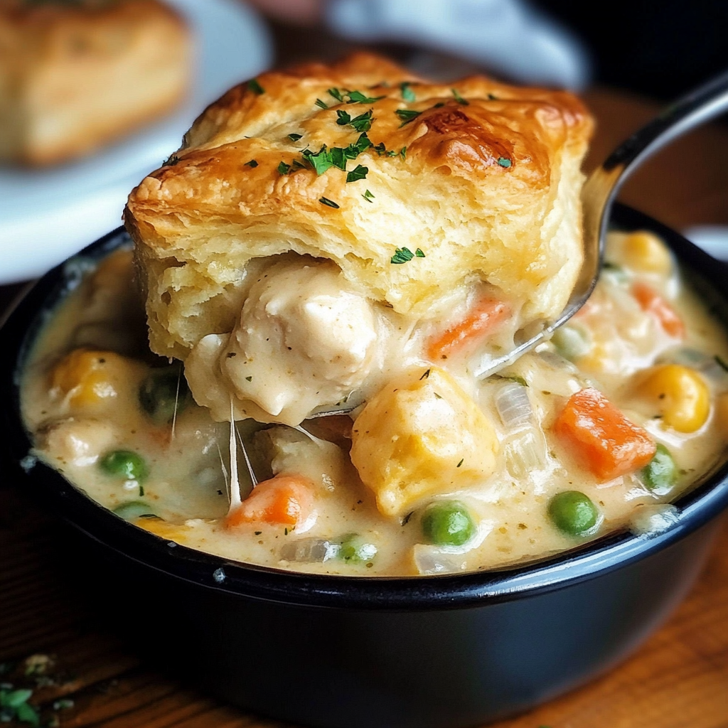 Skillet filled with creamy chicken pot pie topped with golden-brown biscuits